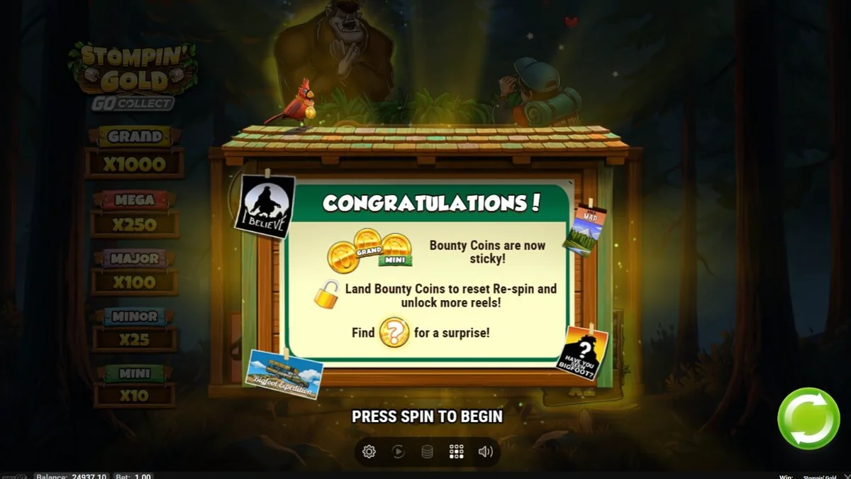 Pemandangan hutan petualangan dalam slot Stompin’ Gold GO Collect