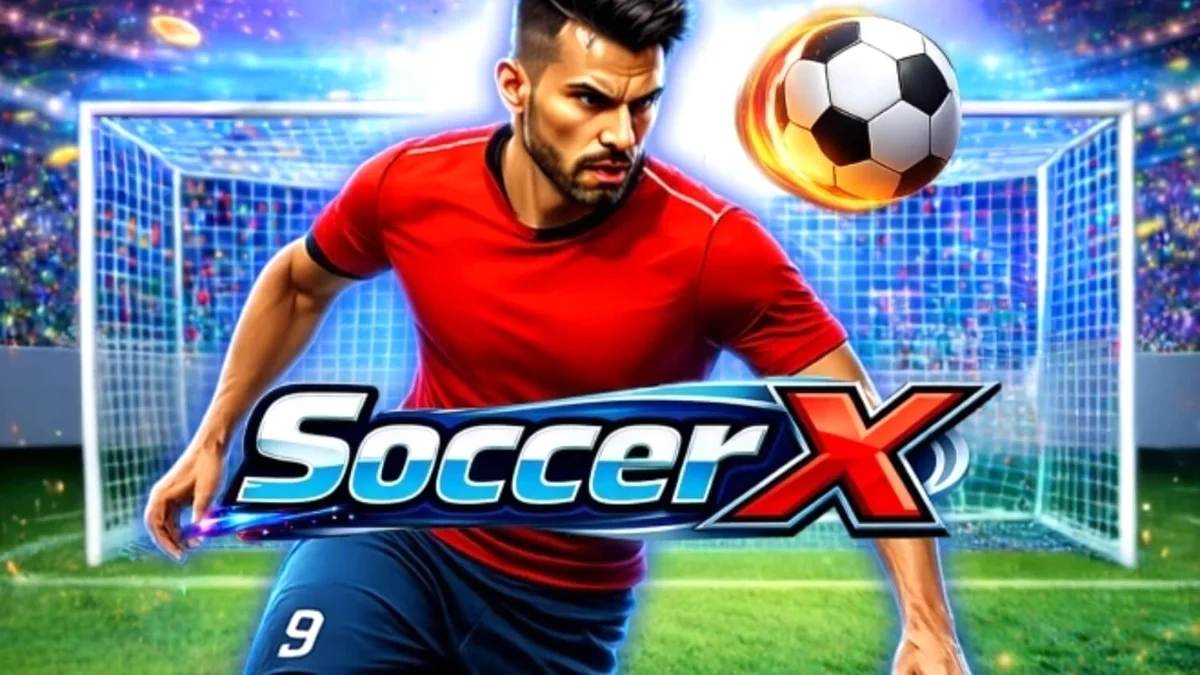 Tampilan visual permainan slot SoccerX dengan latar belakang stadion sepak bola dan antarmuka adu penalti.